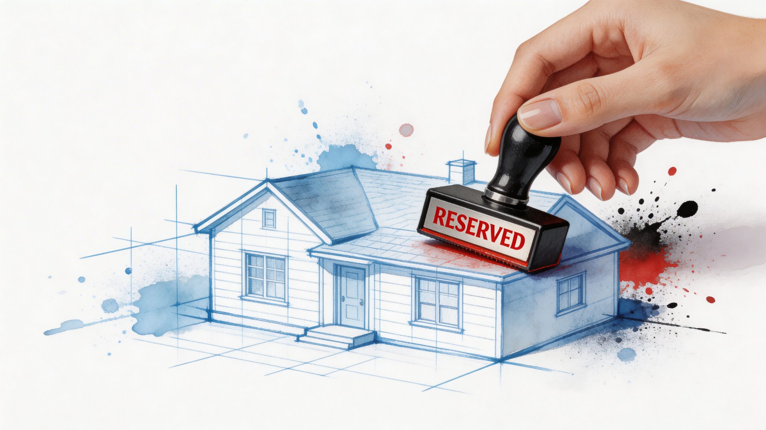 A hand stamping the word RESERVED on a blueprint drawing of a small residential house design