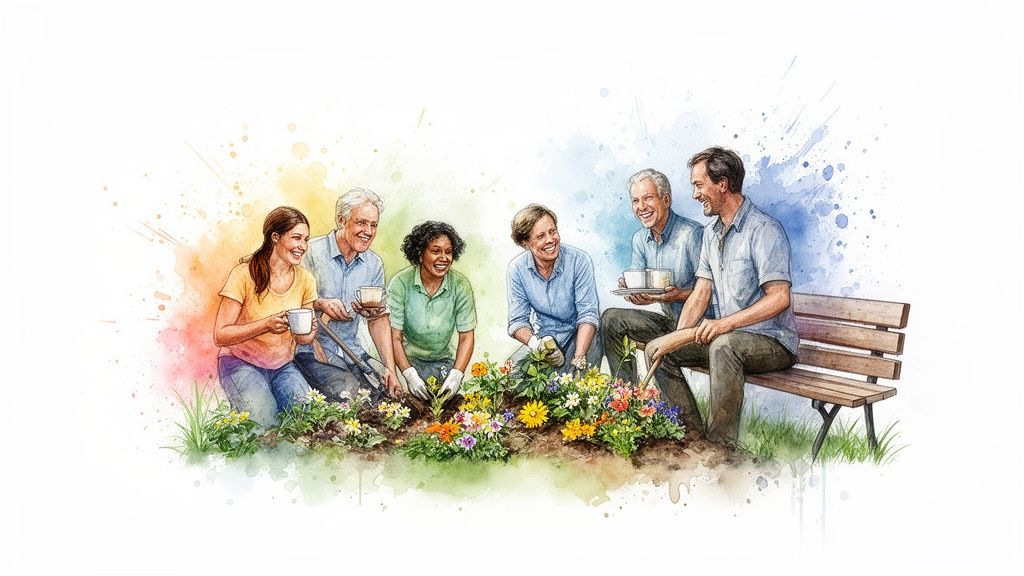 A diverse group of smiling adults, some gardening and others socializing with coffee in a watercolor style.