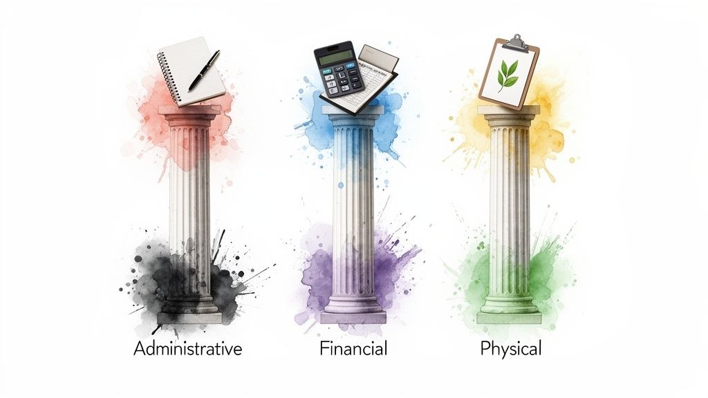 Three pillars representing administrative, financial, and physical aspects with corresponding items and colorful splashes.