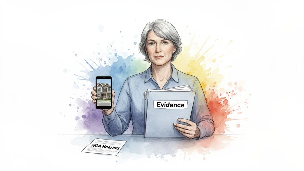 Woman presents phone with house image, 'Evidence' folder, and 'HOA Hearing' document.