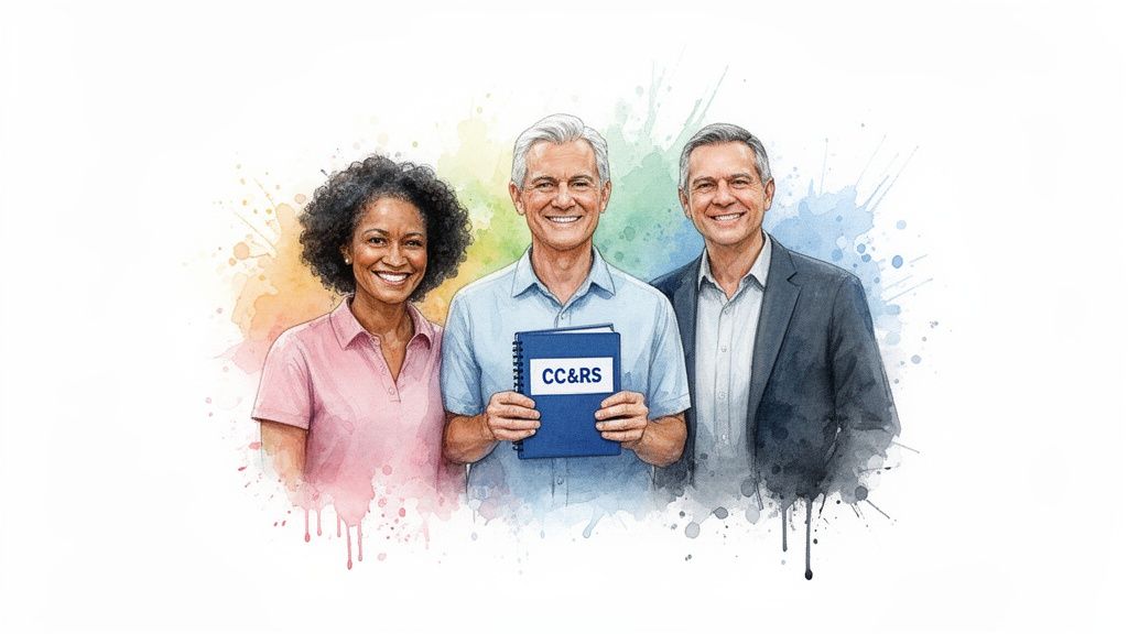 Three smiling diverse adults, two men and a woman, stand together holding a CC&RS notebook.