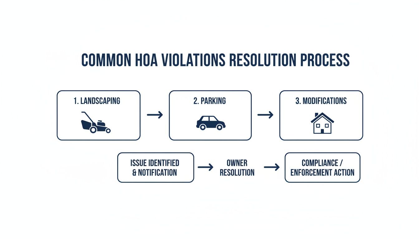 Flowchart illustrating common HOA violations like landscaping, parking, and modifications, and their resolution process.