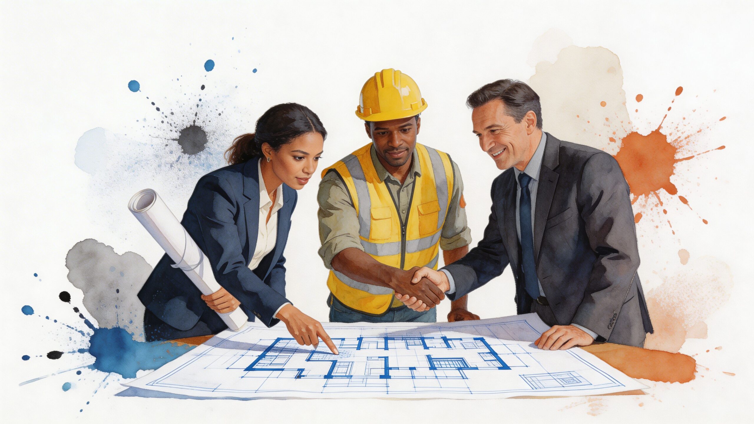 A diverse team of professionals in business attire and a construction worker reviewing architectural blueprints together.