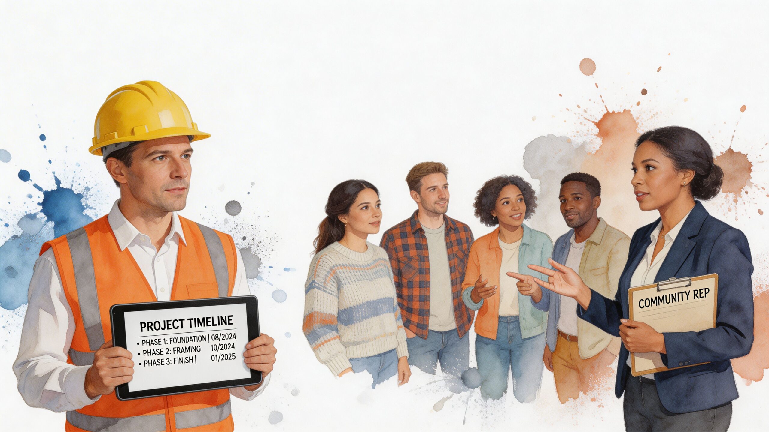 A construction worker and a community representative presenting a project timeline to a diverse group of people.