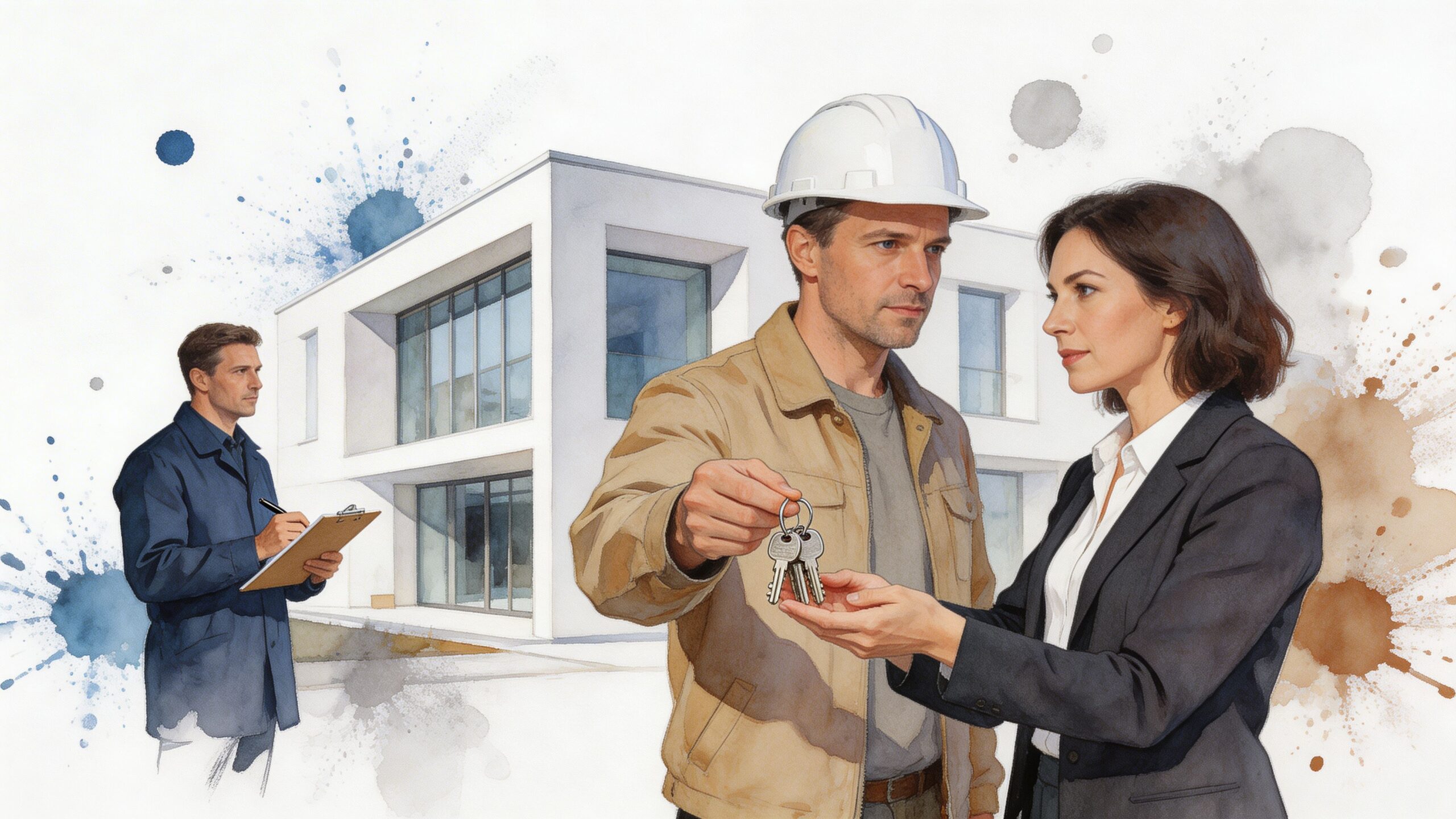 A construction worker handing house keys to a woman in a suit with a site inspector nearby.