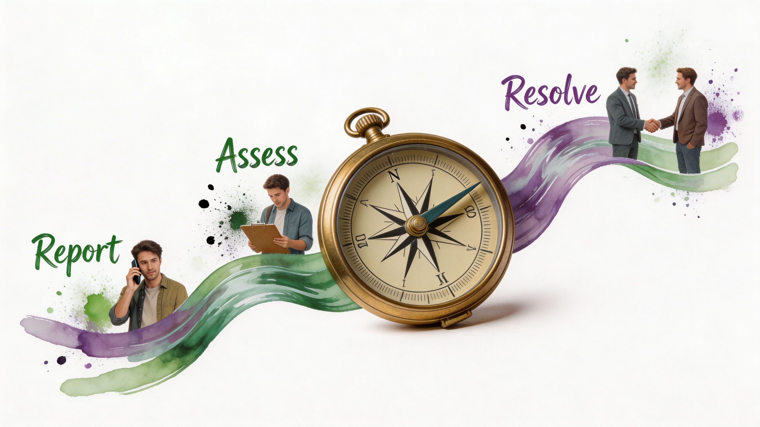 A conceptual illustration showing steps to resolve insurance issues: Report, Assess, and Resolve featuring business professionals.