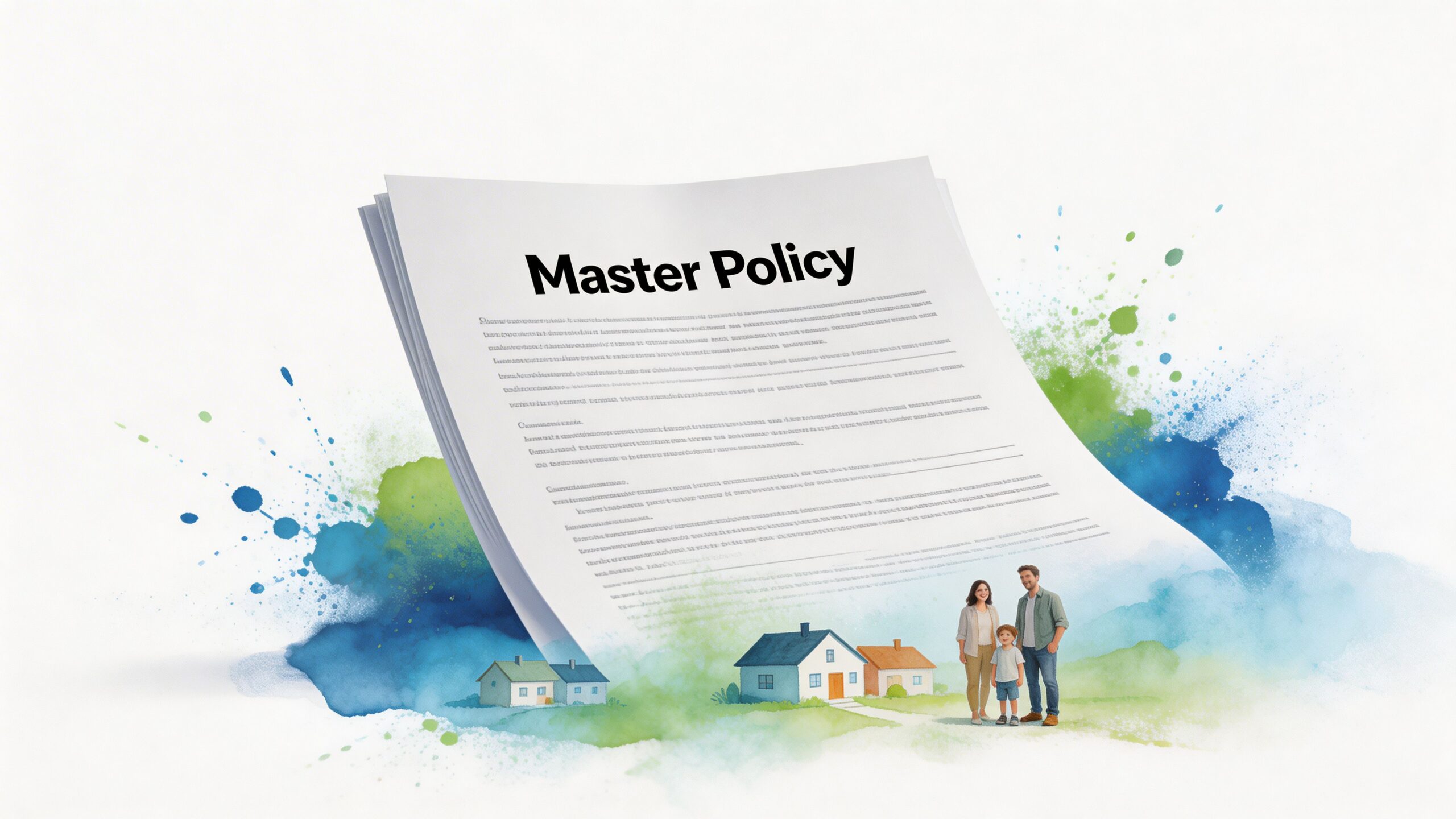 A document titled Master Policy with a family standing in front of houses on a watercolor background.