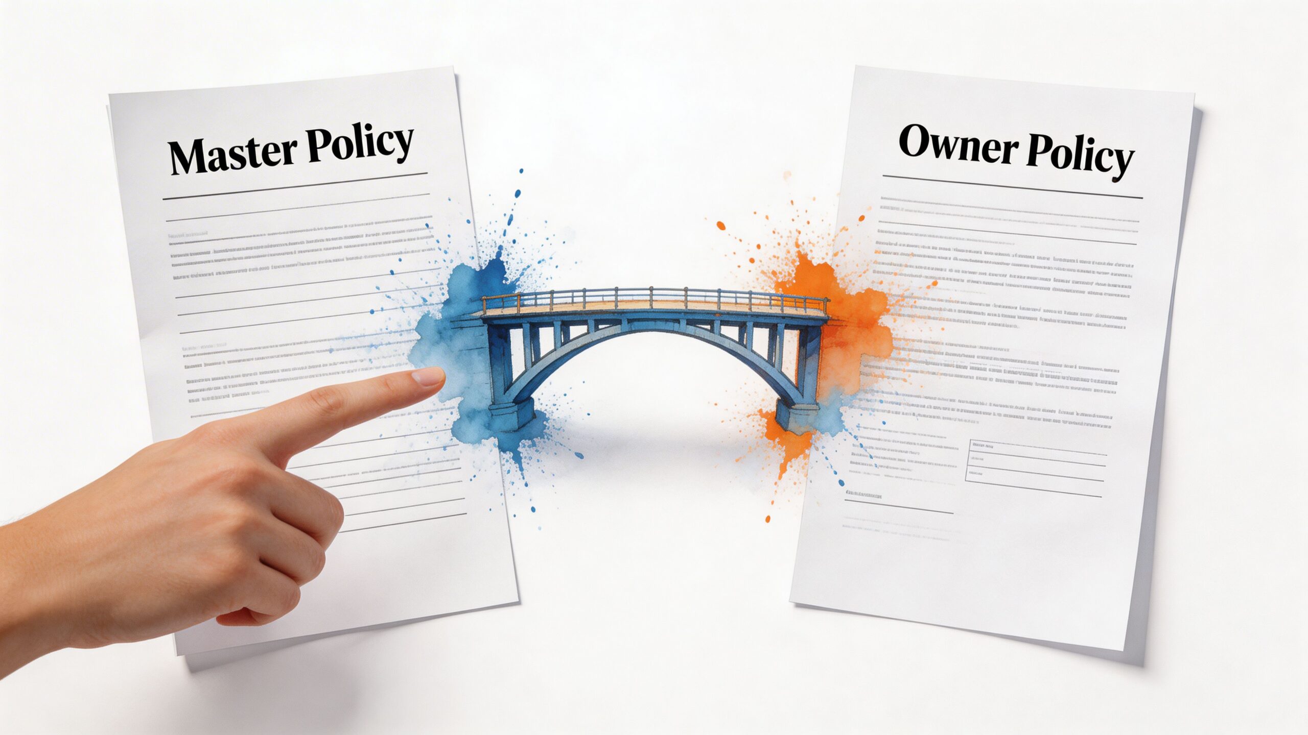 A hand pointing at a master insurance policy document connected to an owner policy by a bridge.