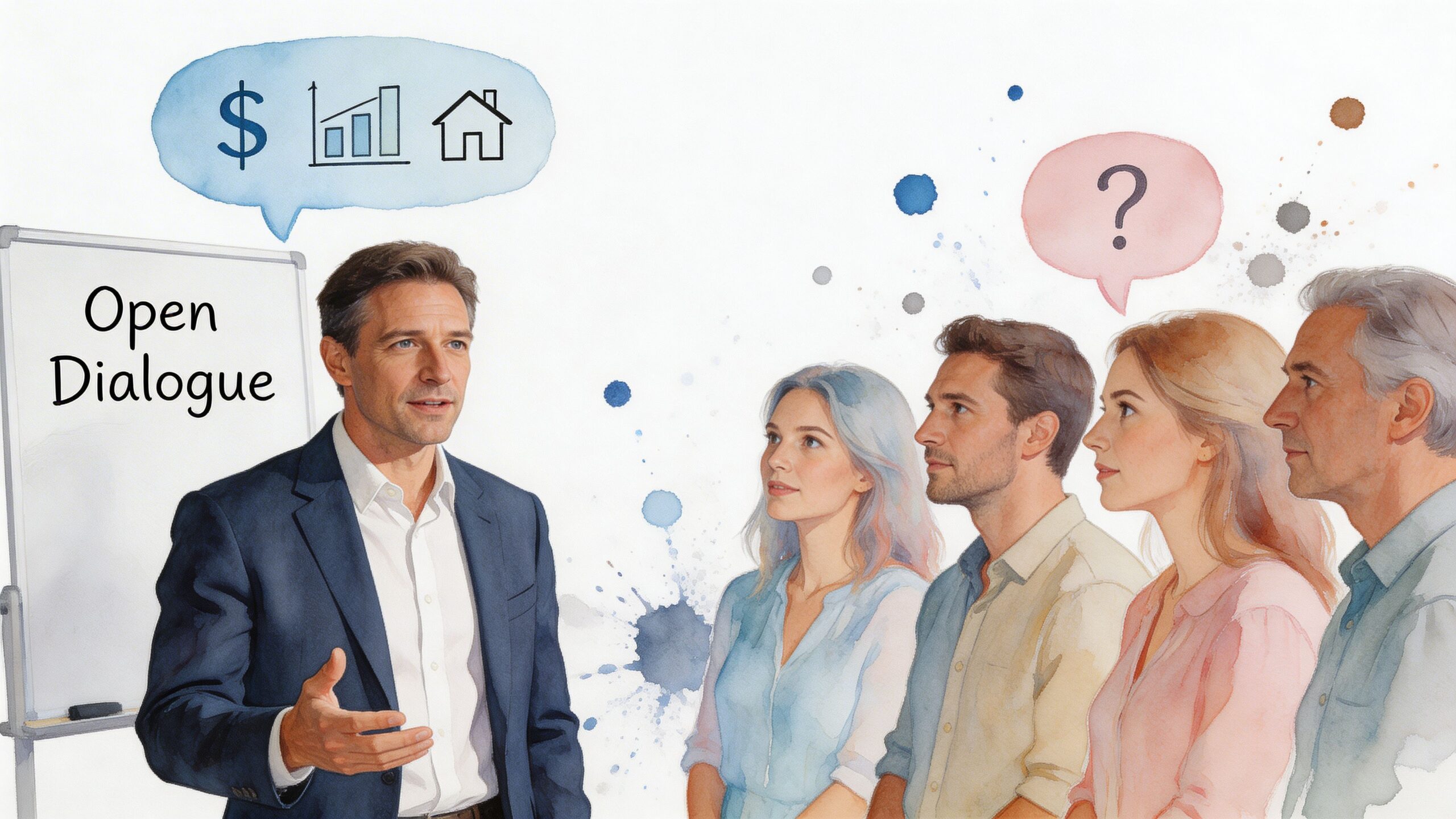 A professional man presents in an open dialogue session to a group of interested people.