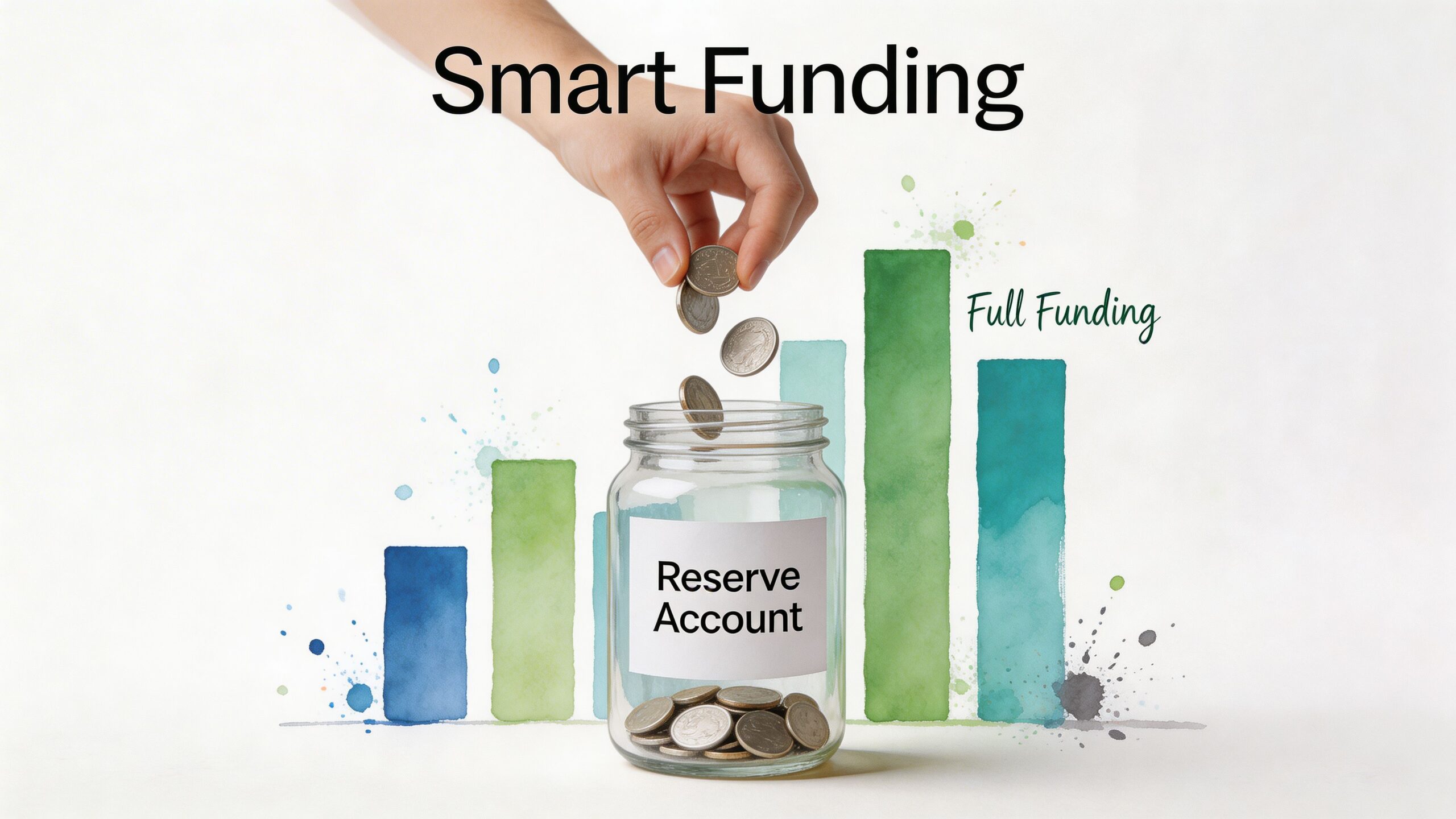 A hand placing coins into a glass jar labeled Reserve Account against a background chart illustration.