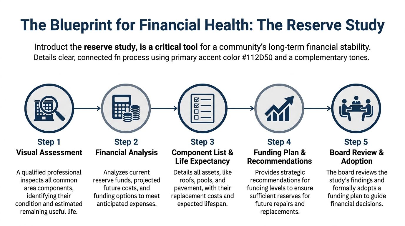 A five-step flowchart explaining the process of a community reserve study for financial health and planning.