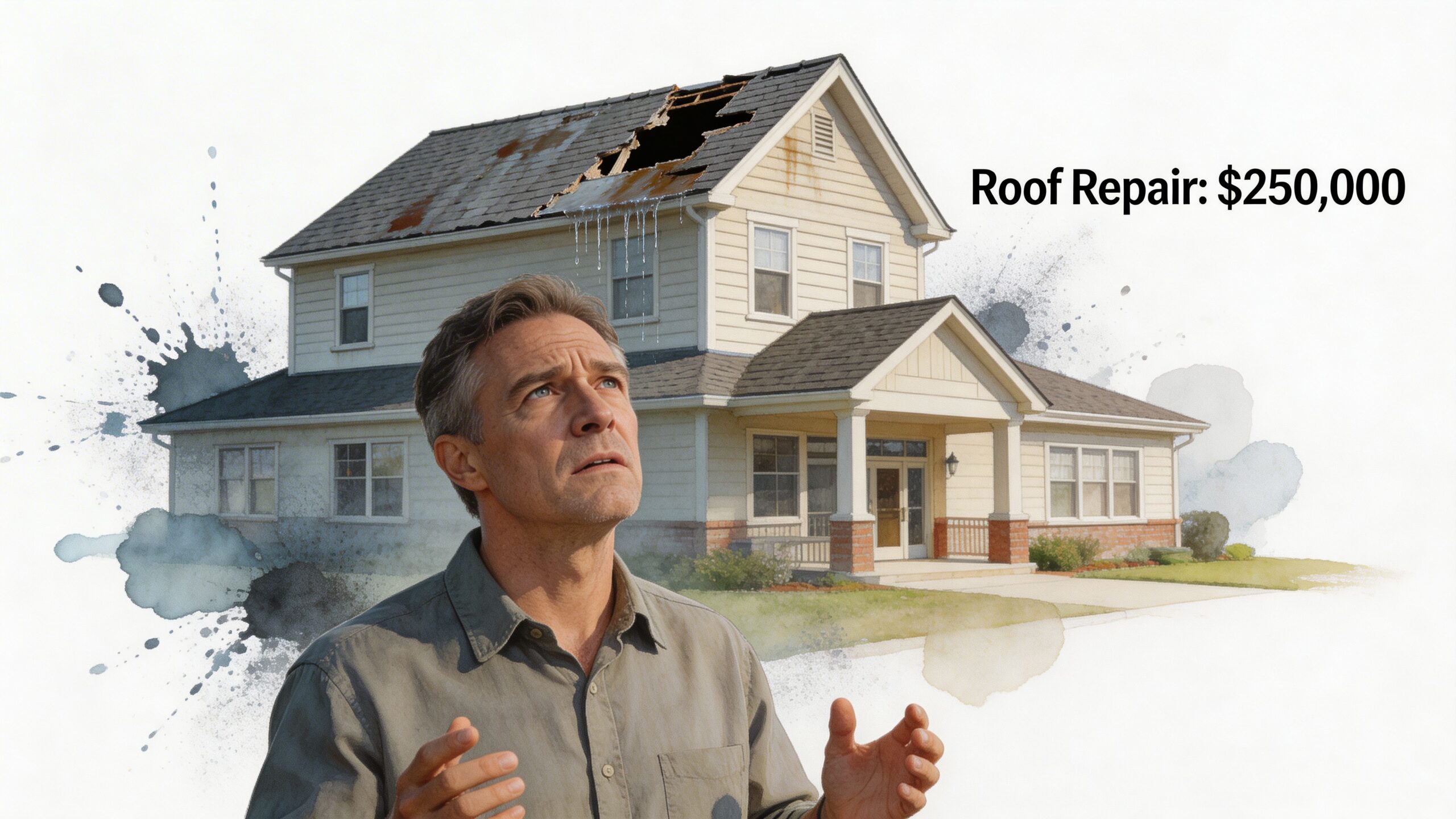 A concerned man looking up at his house which has a damaged roof needing expensive repairs.