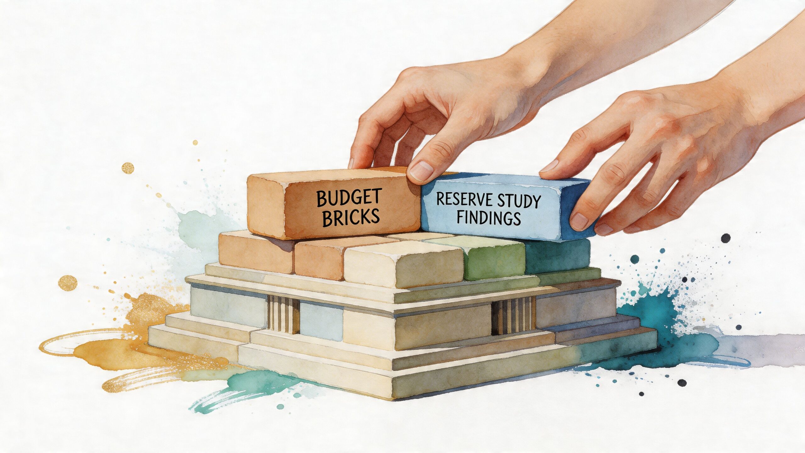 A watercolor illustration of two hands placing bricks labeled budget bricks and reserve study findings onto a structure.
