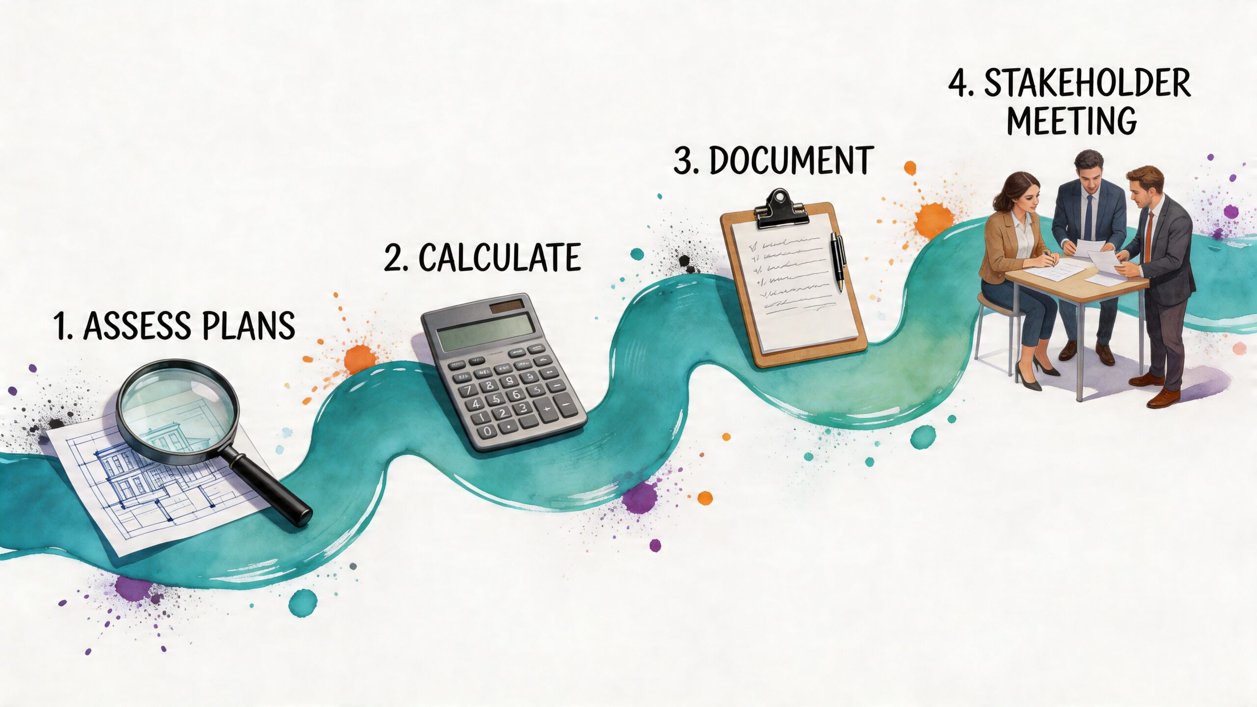 A four-step graphic showing the process of assessing plans, calculating, documenting, and holding stakeholder meetings.