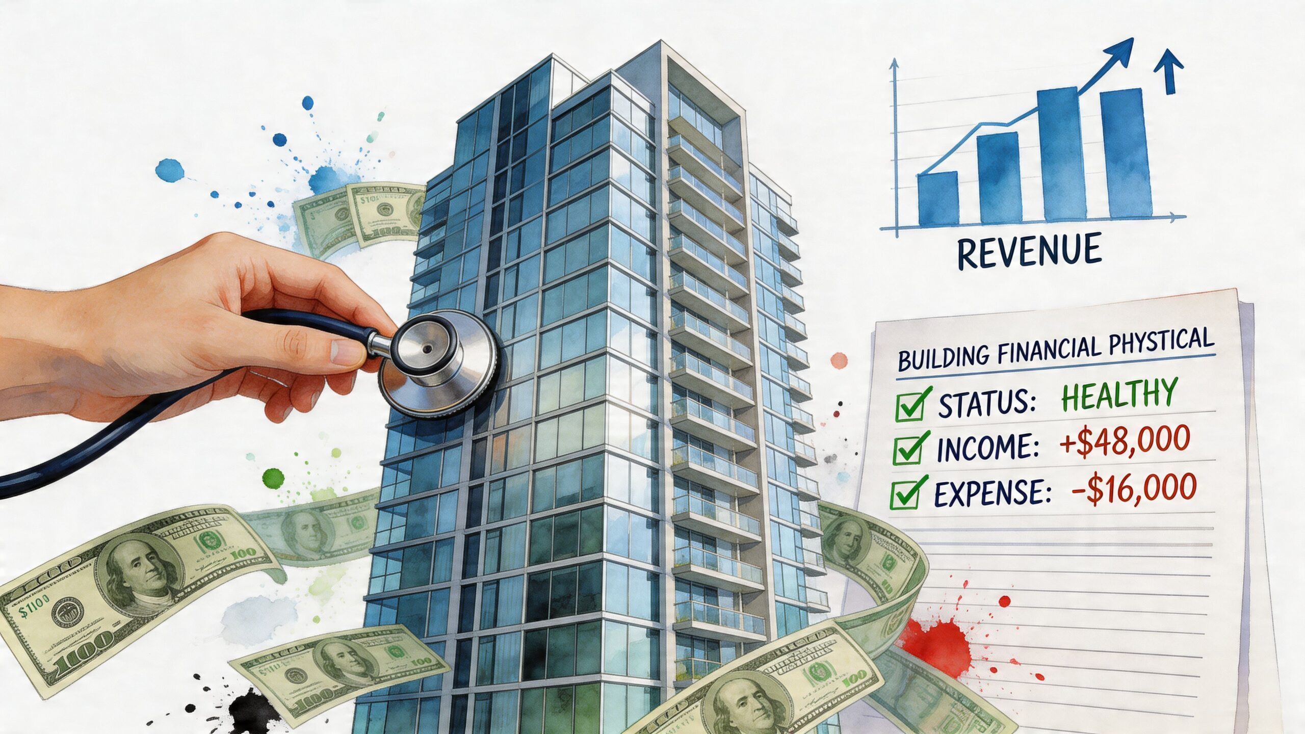 A hand using a stethoscope on a modern building, showing financial health, revenue growth, and currency notes.