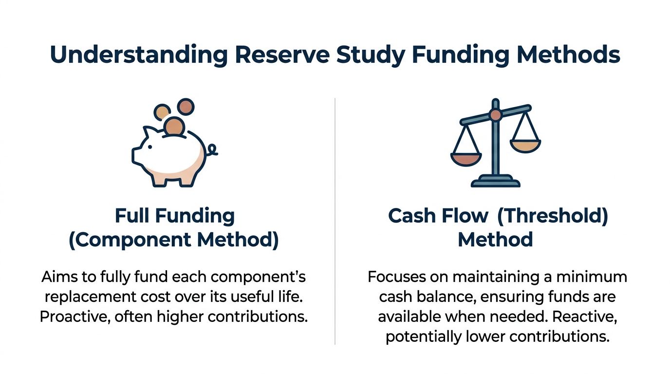 An infographic comparing the Full Funding and Cash Flow methods for reserve study financial planning.
