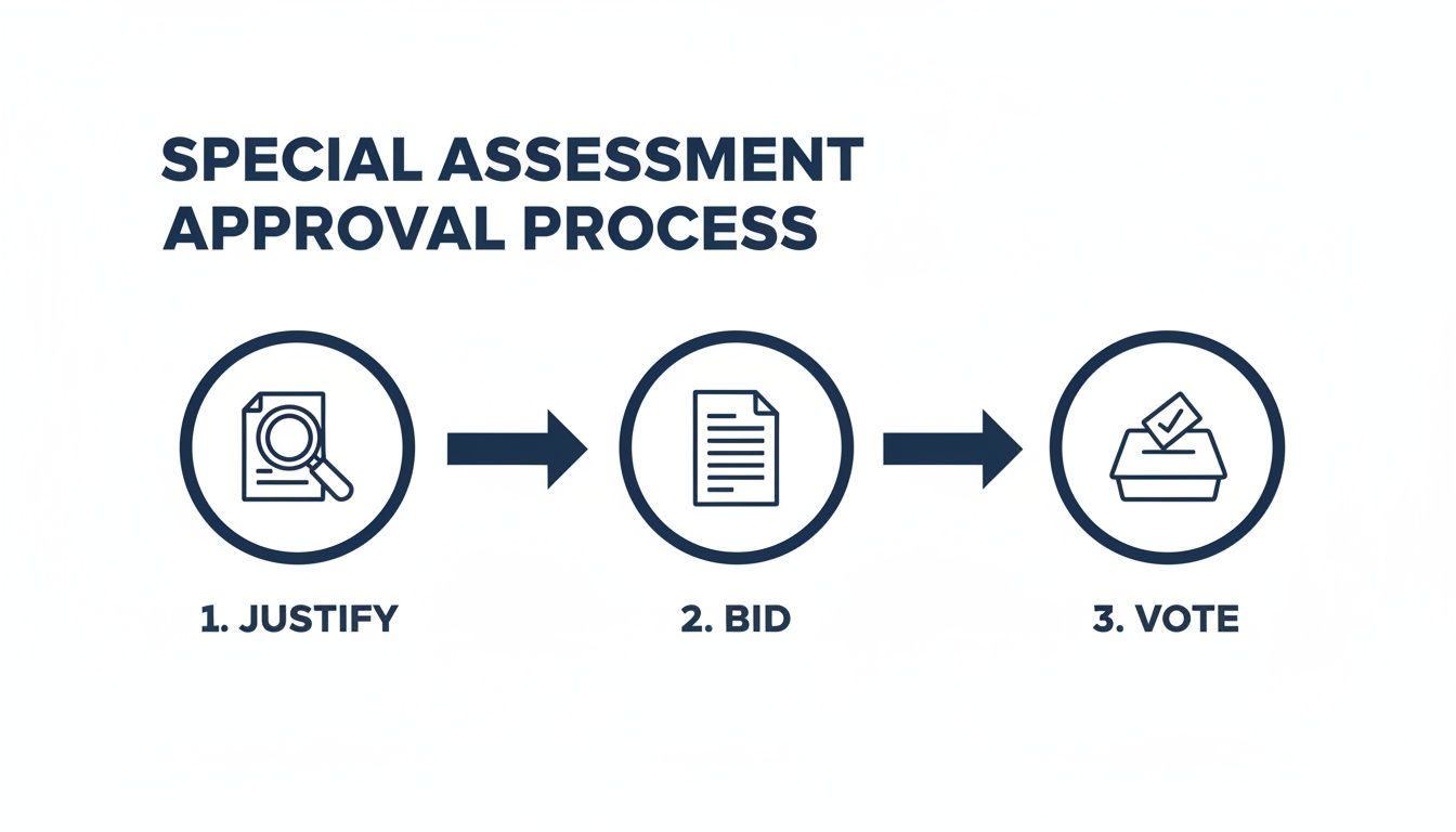 Flowchart illustrating the special assessment approval process, including justify, bid, and vote steps.