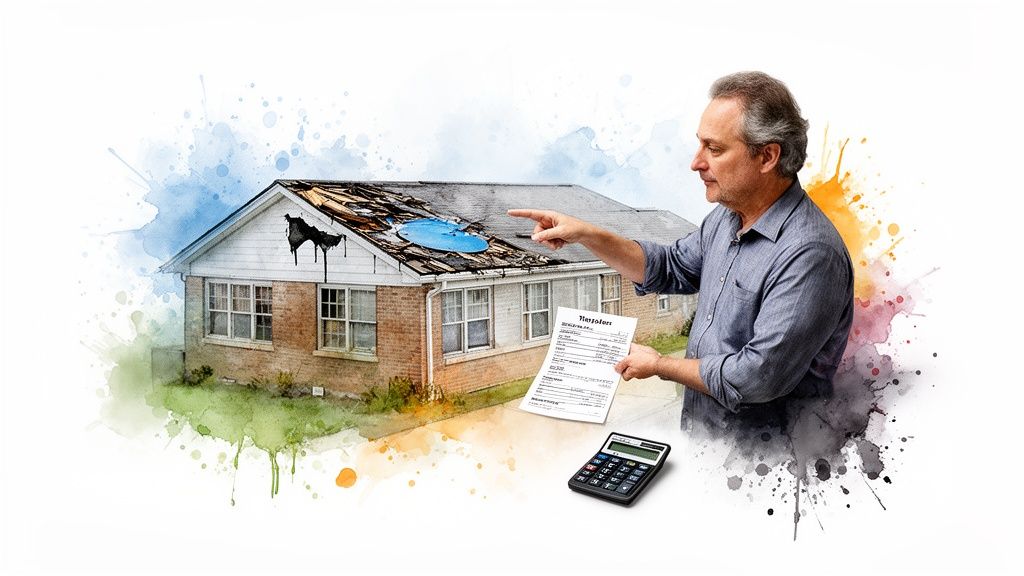 Man points at a house with a damaged roof, holding an assessment document and calculator.