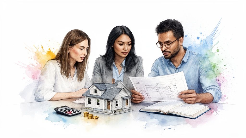 Three people reviewing house plans and a model home, with a calculator and coins, discussing real estate.