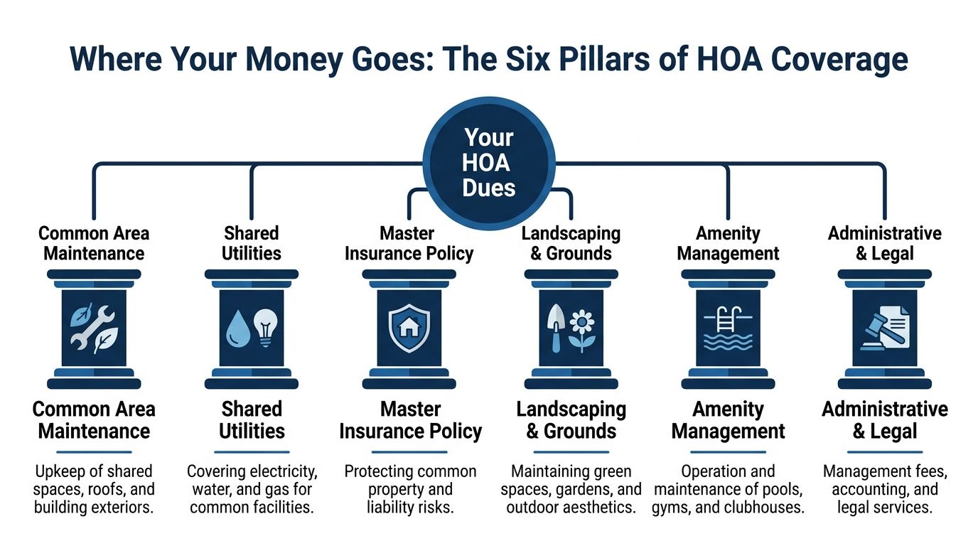A diagram illustrating the six primary categories covered by HOA dues, including maintenance, utilities, insurance, and amenities.