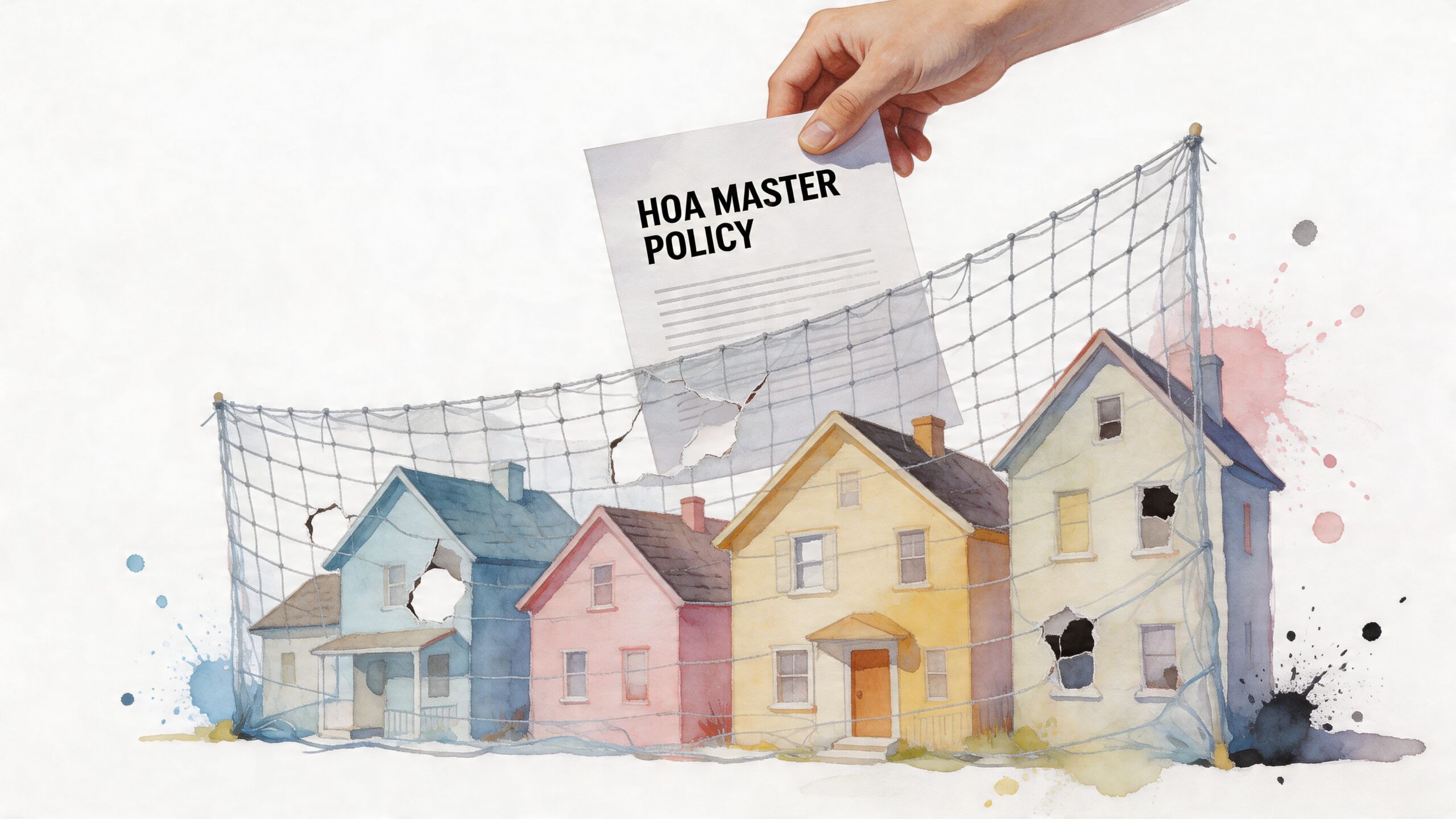 A hand holds an HOA Master Policy document over a row of houses covered by a net.