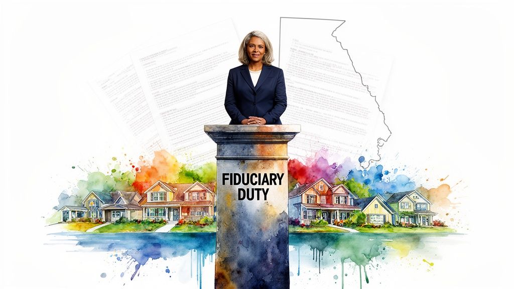 A professional woman standing behind a podium marked Fiduciary Duty, surrounded by watercolor-style houses and document imagery.