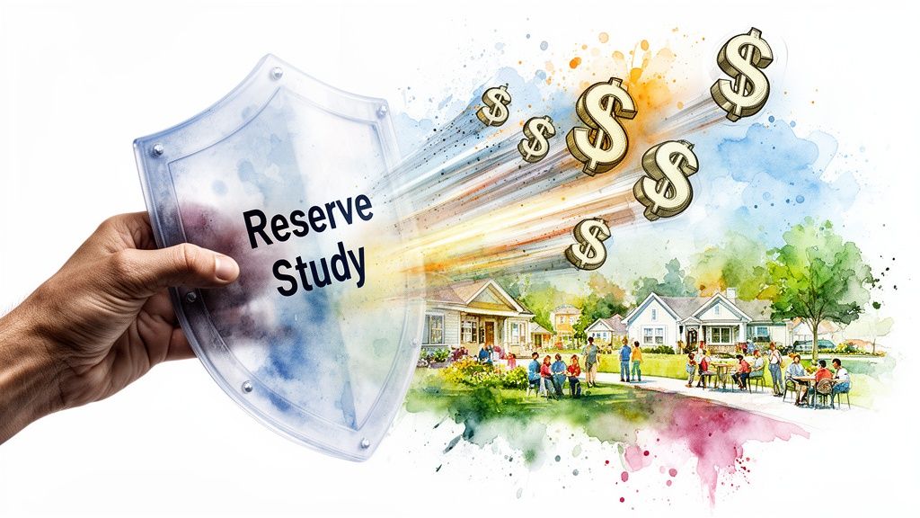 A hand holding a shield labeled Reserve Study, protecting a neighborhood from financial dollar signs flowing away.