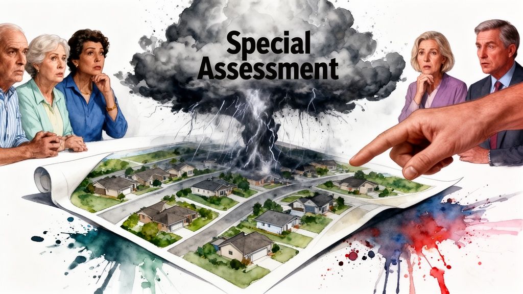 A concerned group of homeowners looking at a map depicting a stormy special assessment over their neighborhood.