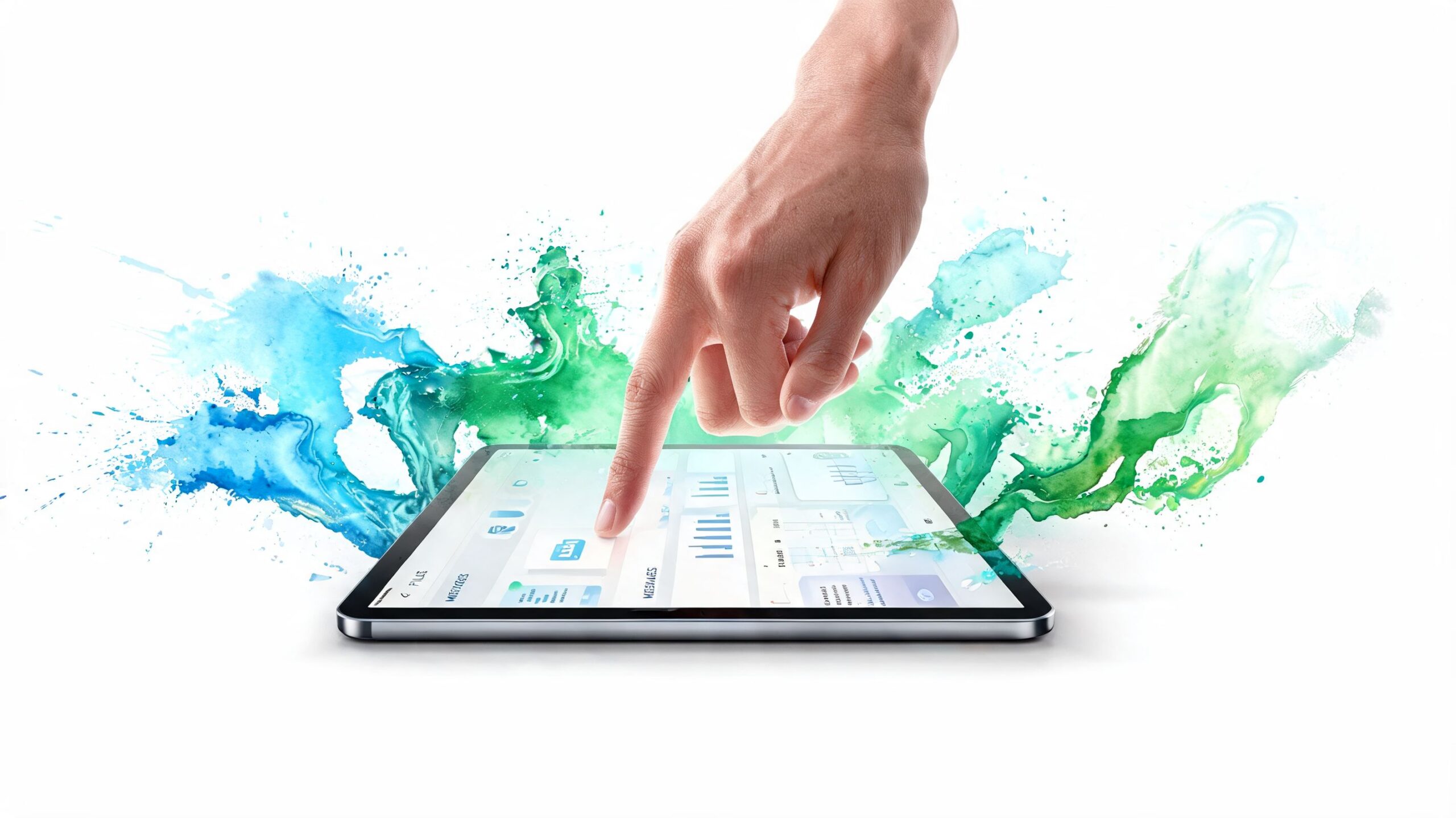 A human finger touches a digital tablet screen surrounded by vibrant blue and green watercolor paint splashes.