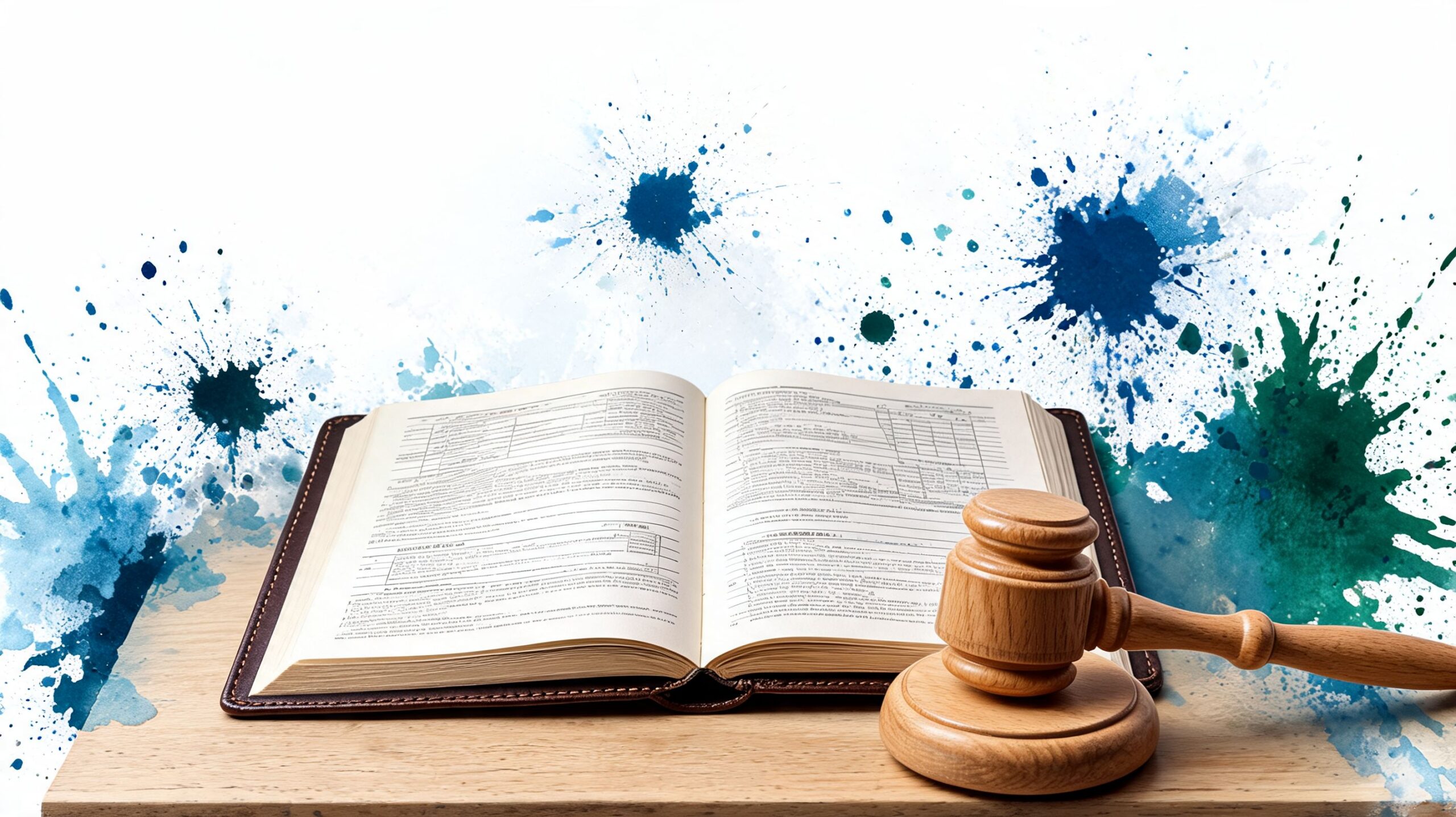 A wooden judge gavel placed beside an open legal book on a wooden desk with blue ink splatters.