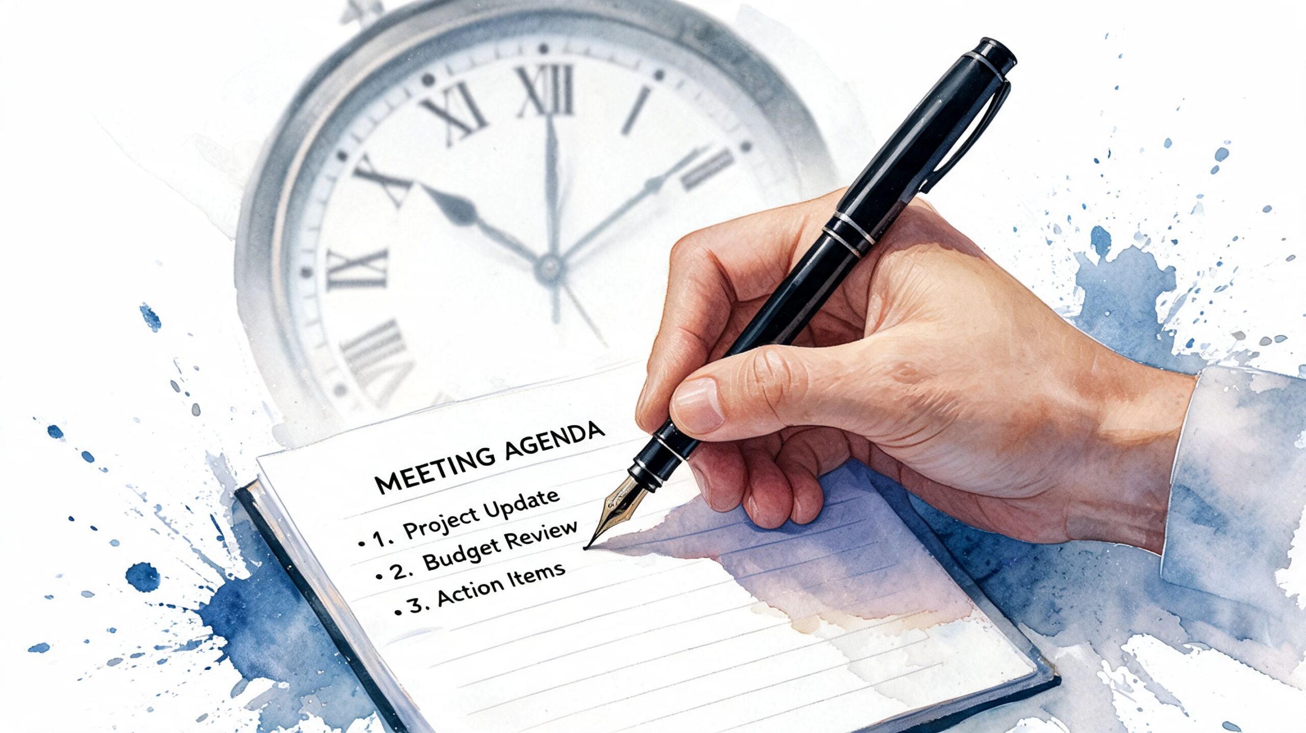 A hand holding a fountain pen writing a three-point meeting agenda with a clock background.