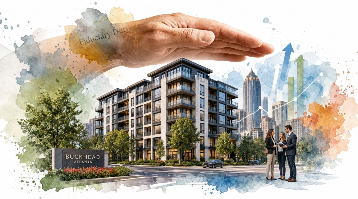 A artistic digital illustration featuring luxury condos in Buckhead Atlanta, a protective hand, and business professionals.