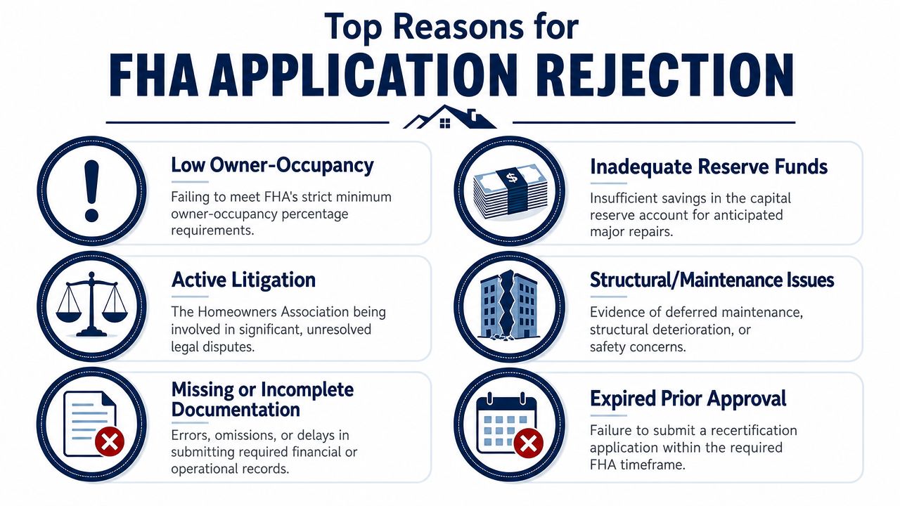 A graphic listing the top six reasons for an FHA condo project application rejection.