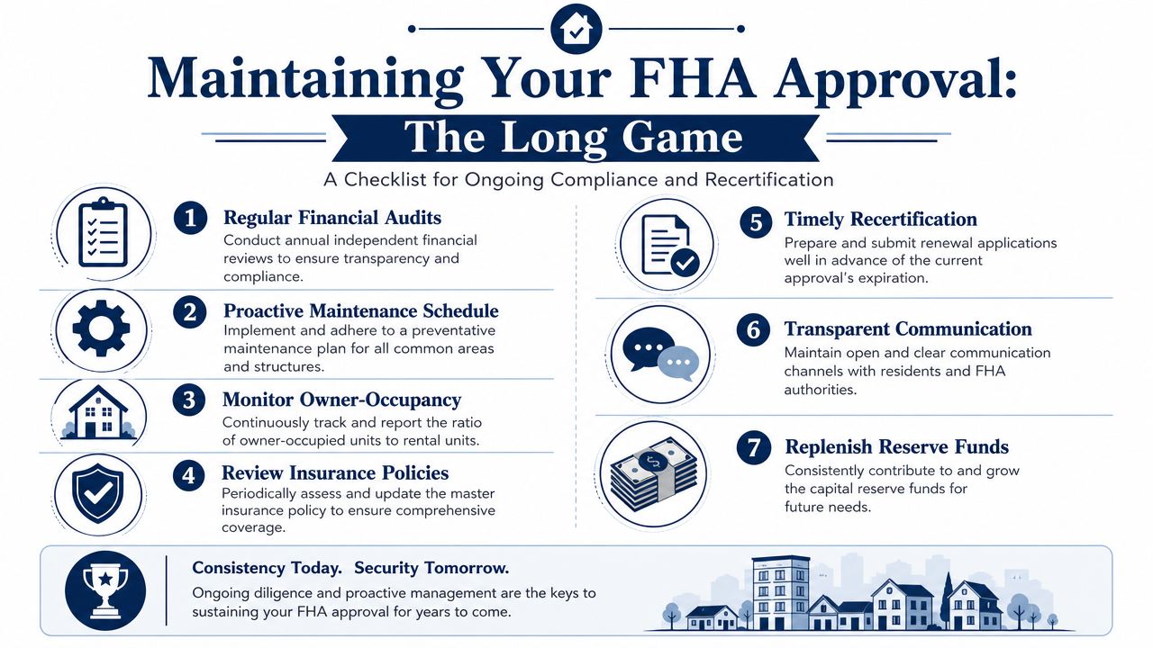 A checklist infographic titled Maintaining Your FHA Approval detailing seven steps for ongoing condo compliance and recertification.