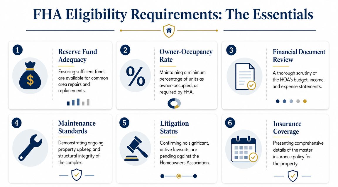 An infographic detailing the six essential FHA eligibility requirements for condo properties and homeowners associations.