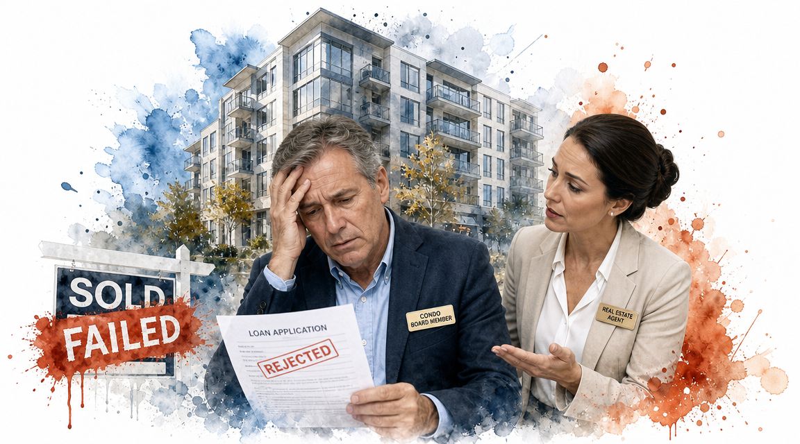 A distressed condo board member and a real estate agent reviewing a rejected loan application document.