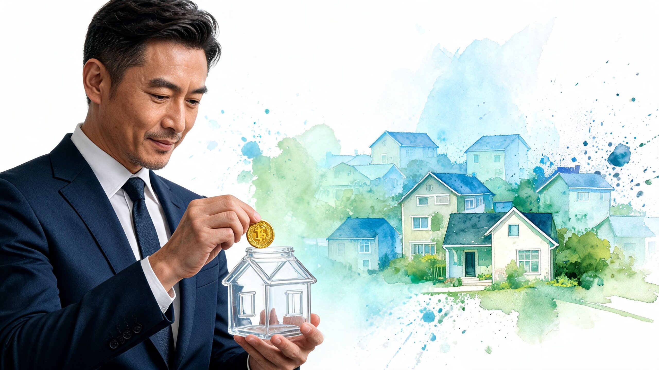 A professional man placing a gold coin into a small glass house-shaped savings bank.