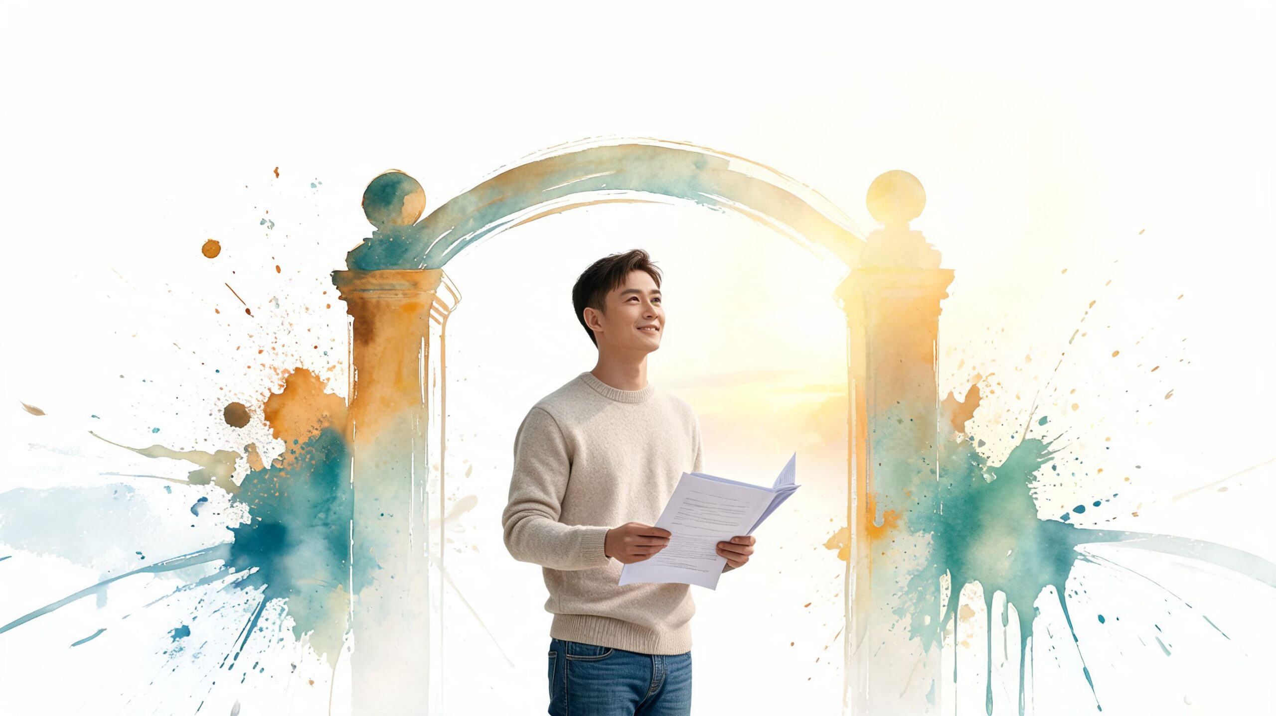 A smiling young Asian man in a beige sweater holding papers in front of a watercolor archway.