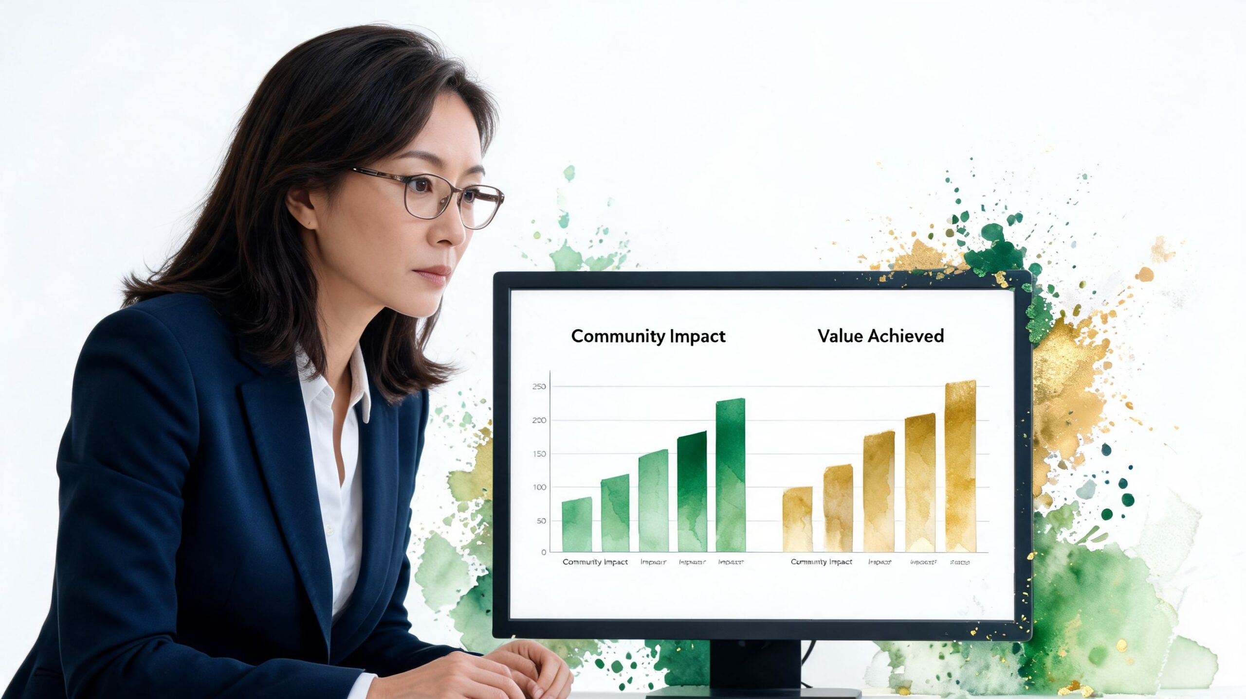 A professional woman in a suit viewing a bar graph about community impact and value achieved.