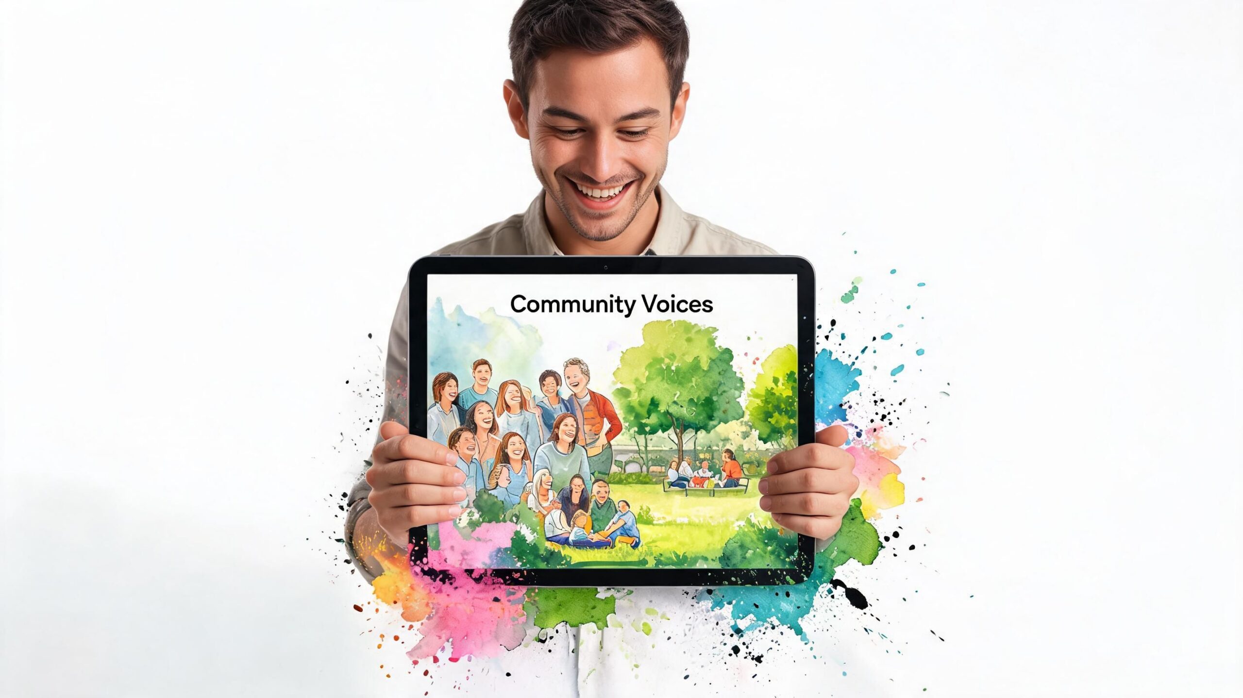 A smiling man holds a tablet displaying a watercolor illustration of people gathering in a community park.