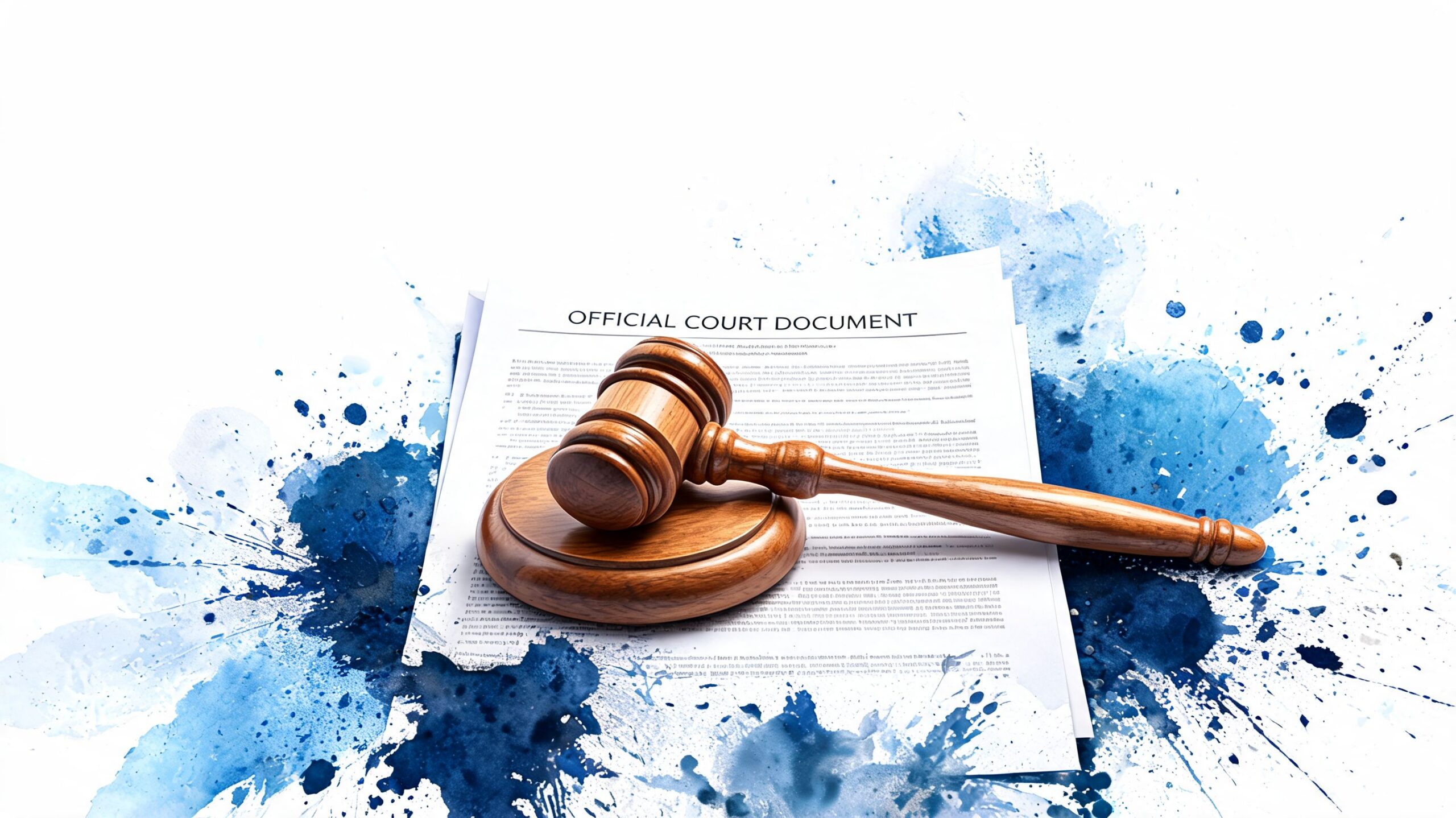 A wooden judge's gavel resting on a legal court document against an artistic blue watercolor splash background.