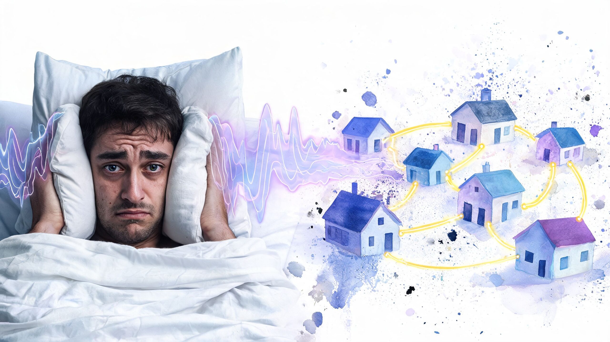 A tired man covering his ears in bed due to noise disturbances from his nearby neighbors' homes.