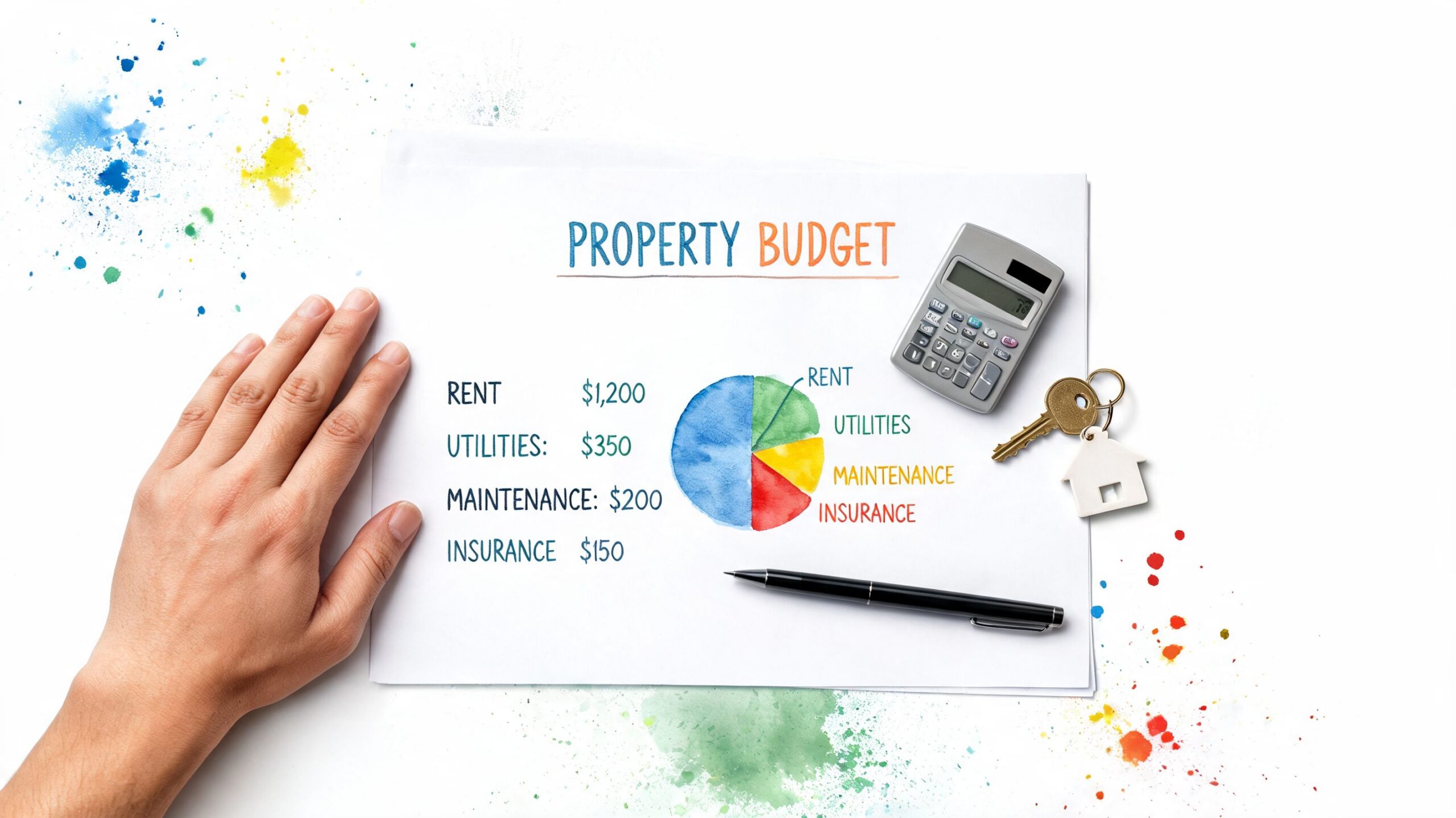 A hand rests on a paper showing a property budget pie chart with calculator and house key.