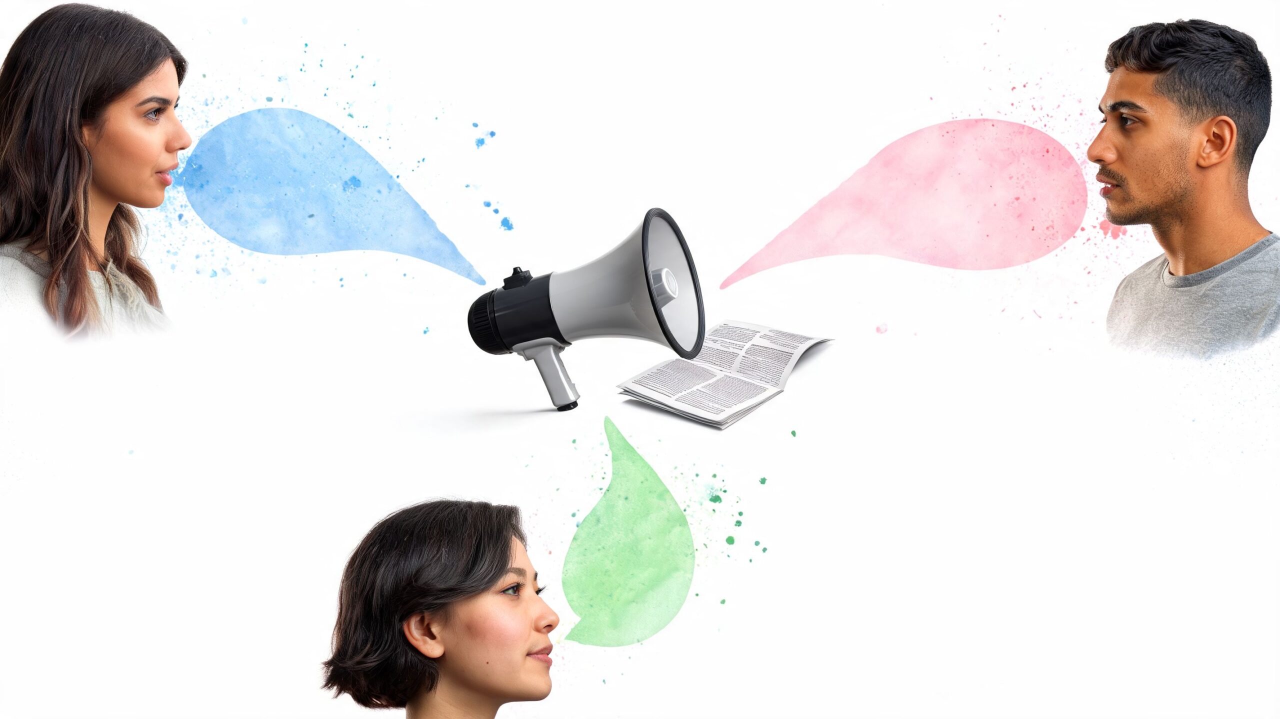 Three people communicating towards a central megaphone and document, symbolizing professional property manager communication skills.