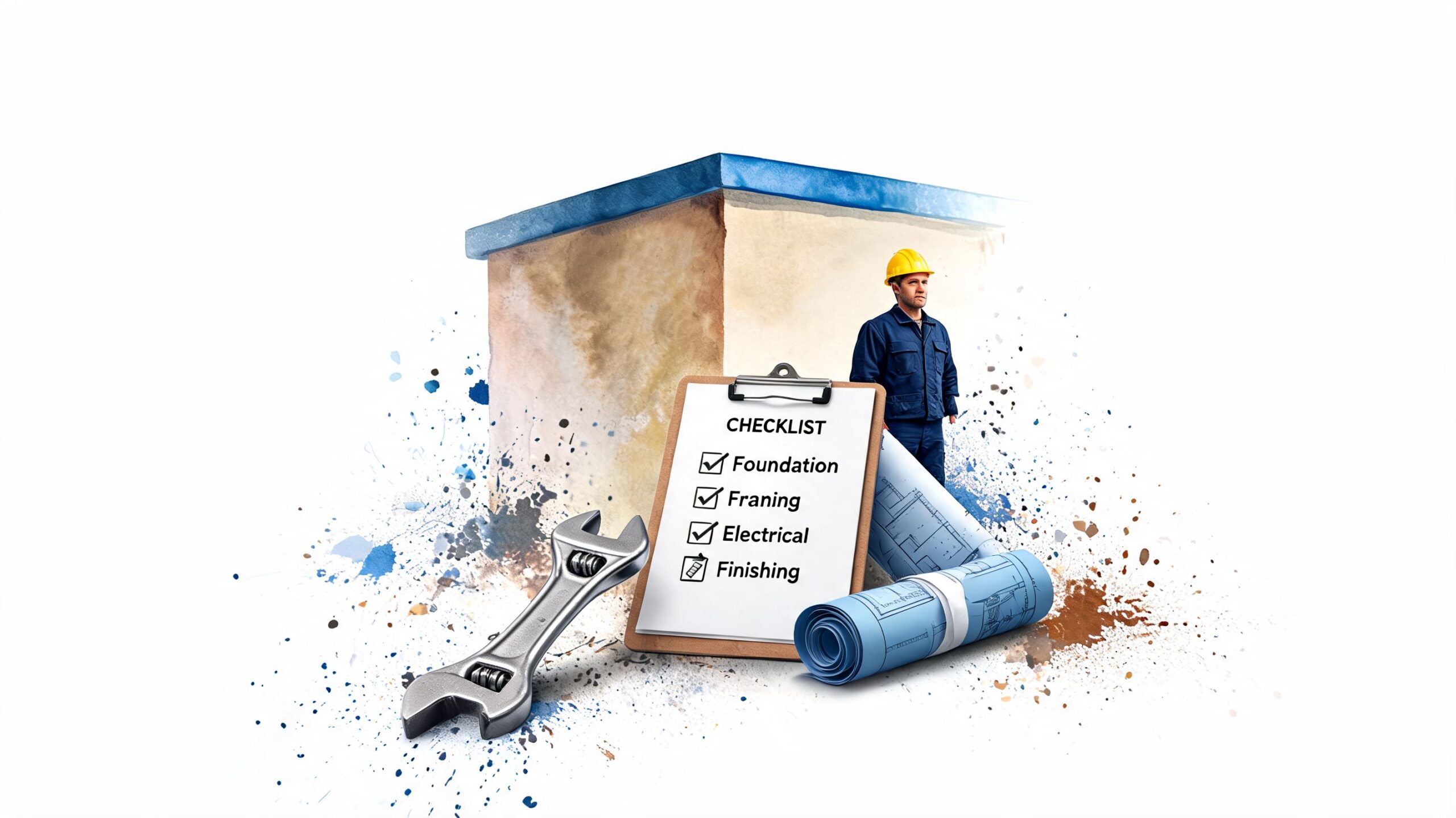 A construction worker standing next to a house model, a checklist, a wrench, and building blueprints.