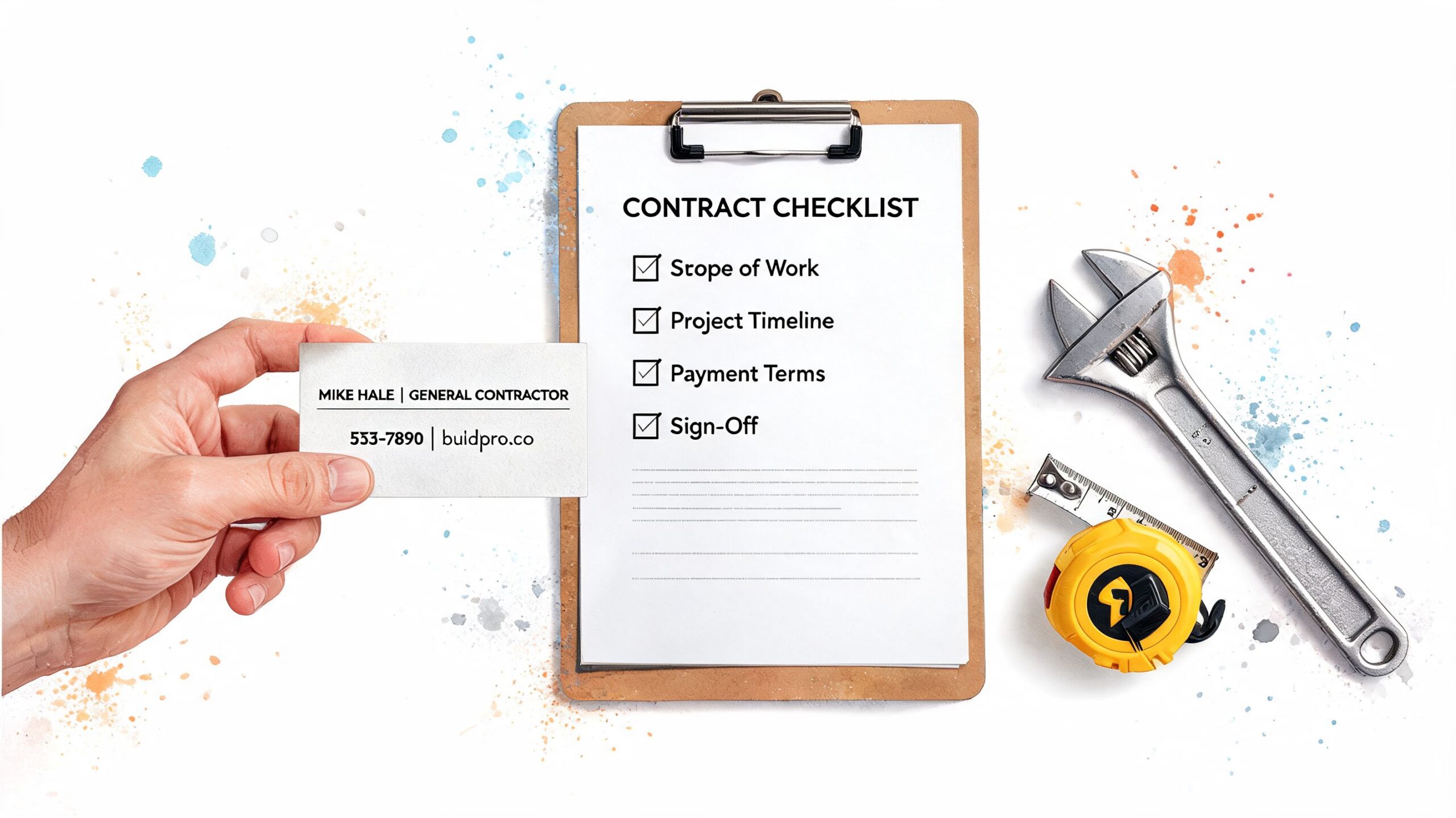 A clipboard with a contract checklist beside a business card, wrench, and tape measure on a surface.