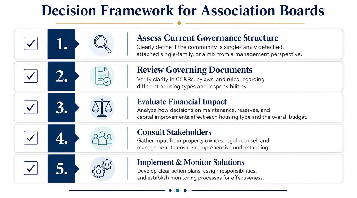 A five-step decision framework for association boards to manage mixed housing types and governance responsibilities.