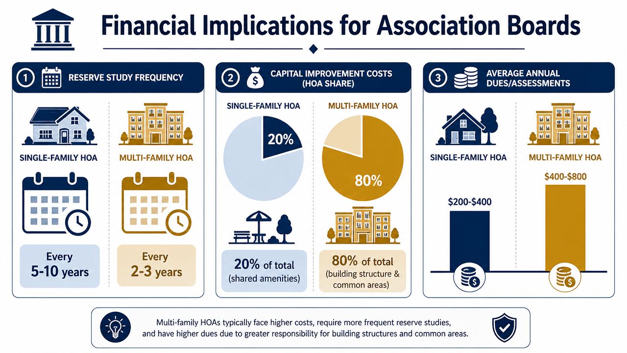 An infographic comparing financial implications and reserve study requirements for single-family and multi-family HOA communities.