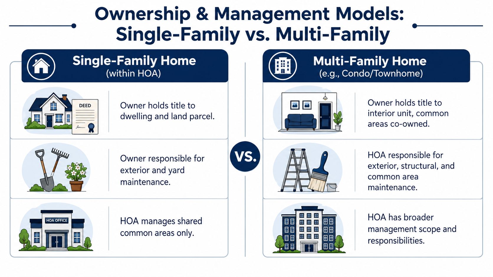 A comparison chart showing ownership and management differences between single-family homes and multi-family condo or townhome properties.