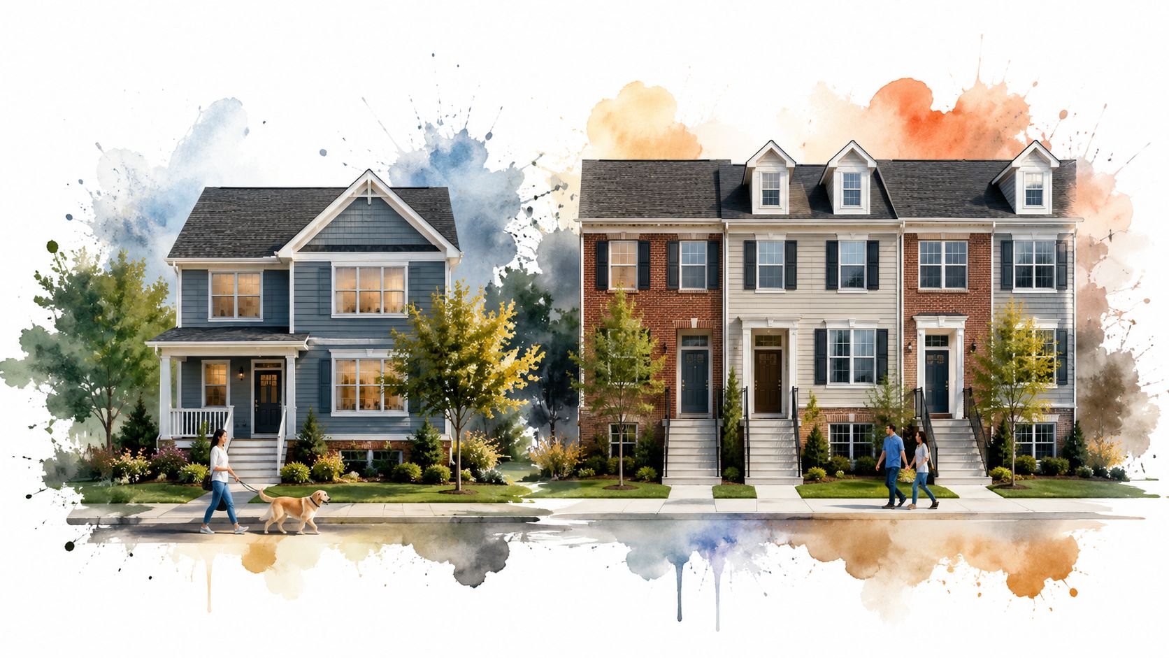 A watercolor illustration comparing a standalone blue single-family home with a multi-family brick townhouse residence.